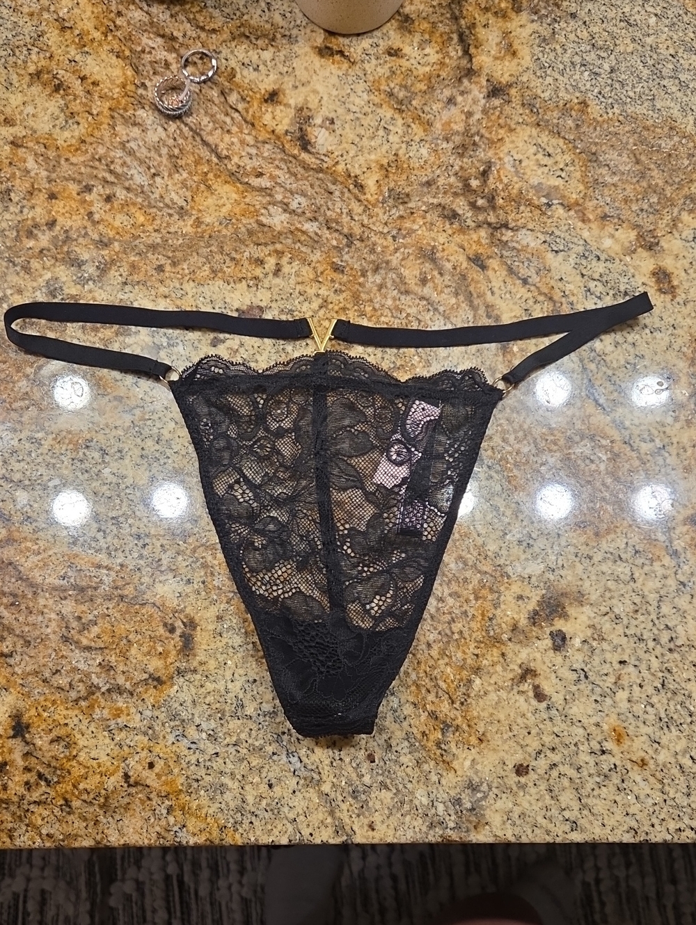 Victoria's Secret Black Lace Thong with Gold V Accent